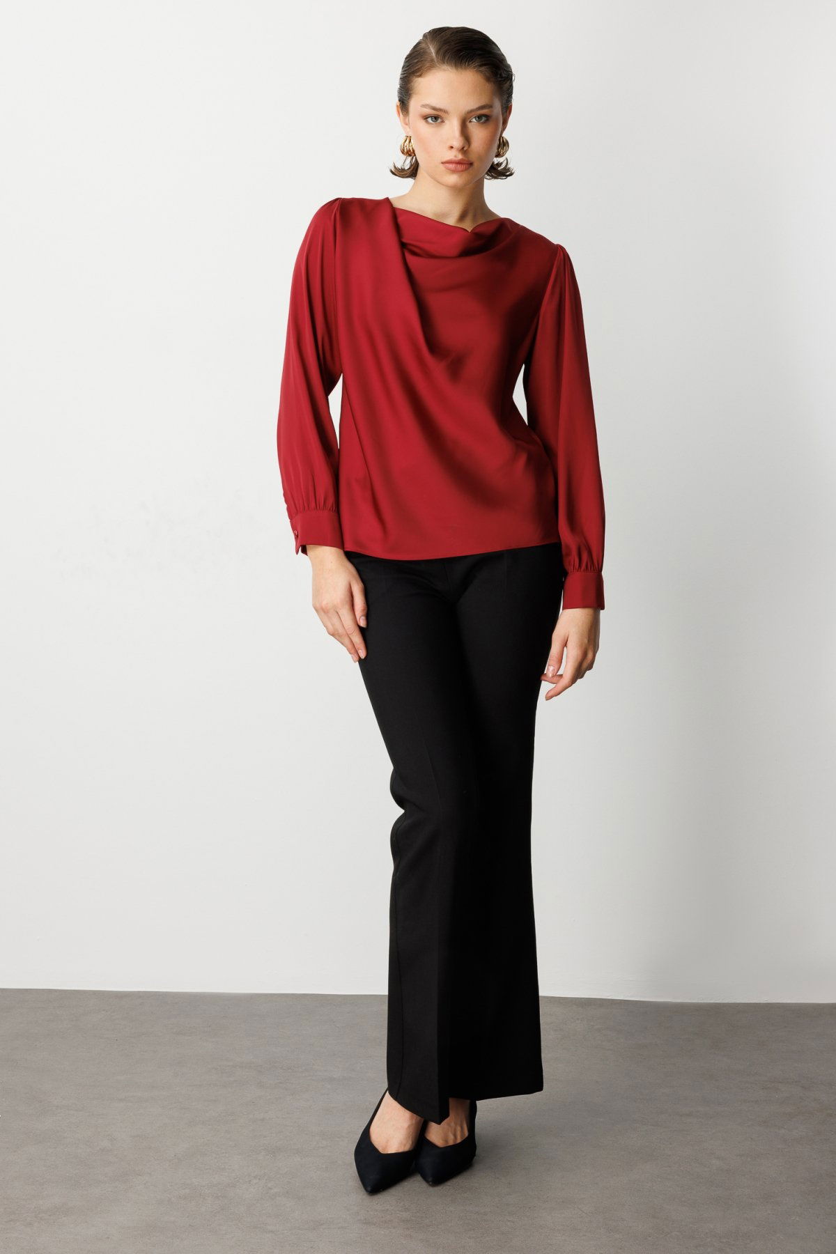 Ekol Kadın Degaje Yaka Uzun Kollu Bluz 3029 Bordo - 3