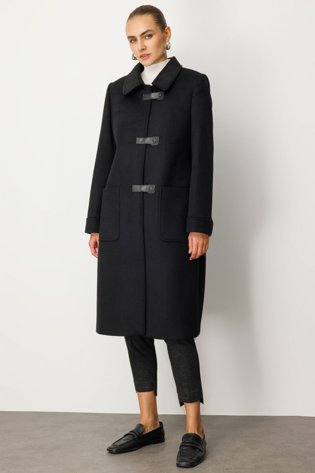 Ekol Kadın Deri Çıtçıtlı Torba Cepli Kaban 6075 Siyah - 1