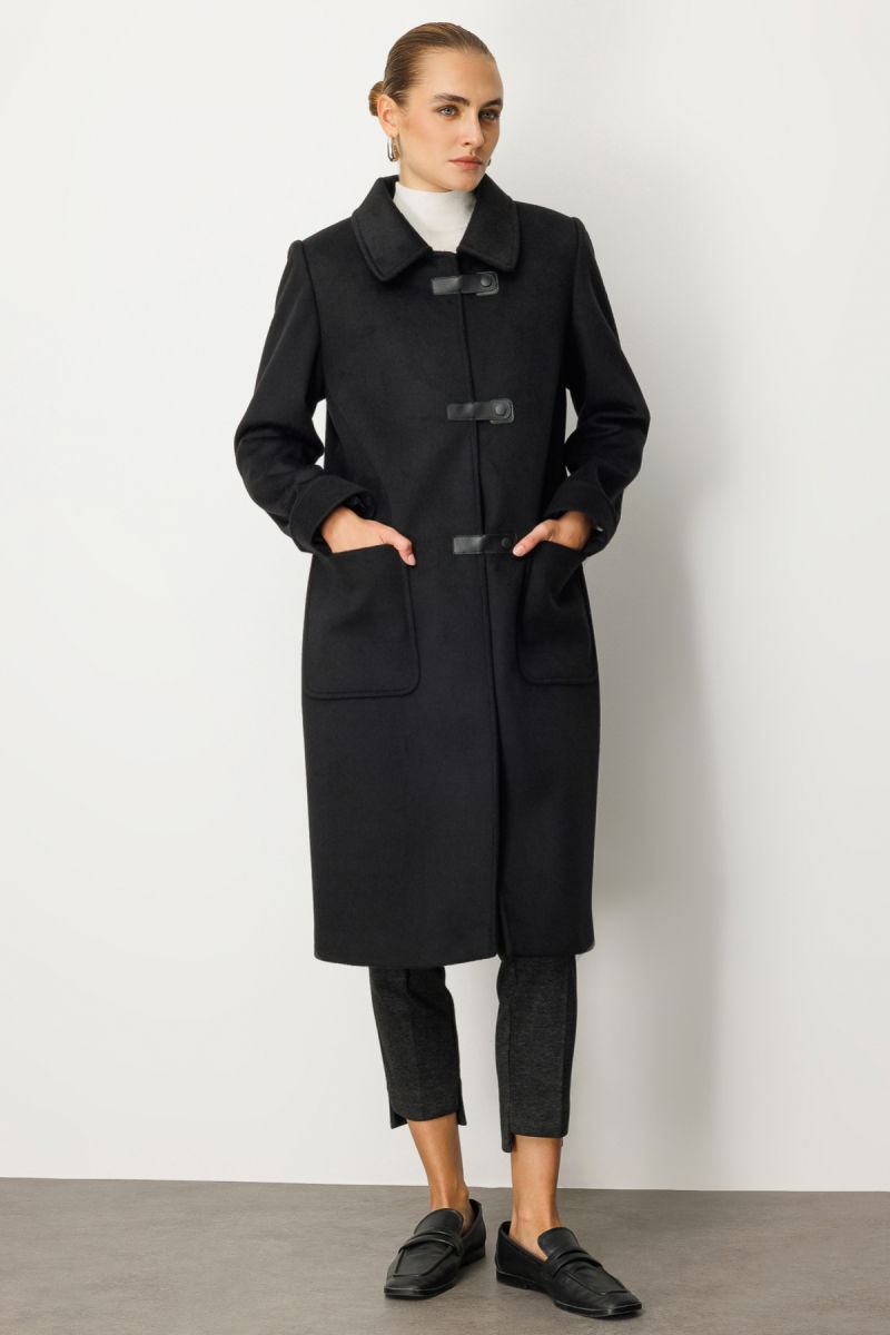 Ekol Kadın Deri Çıtçıtlı Torba Cepli Kaban 6075 Siyah - 2