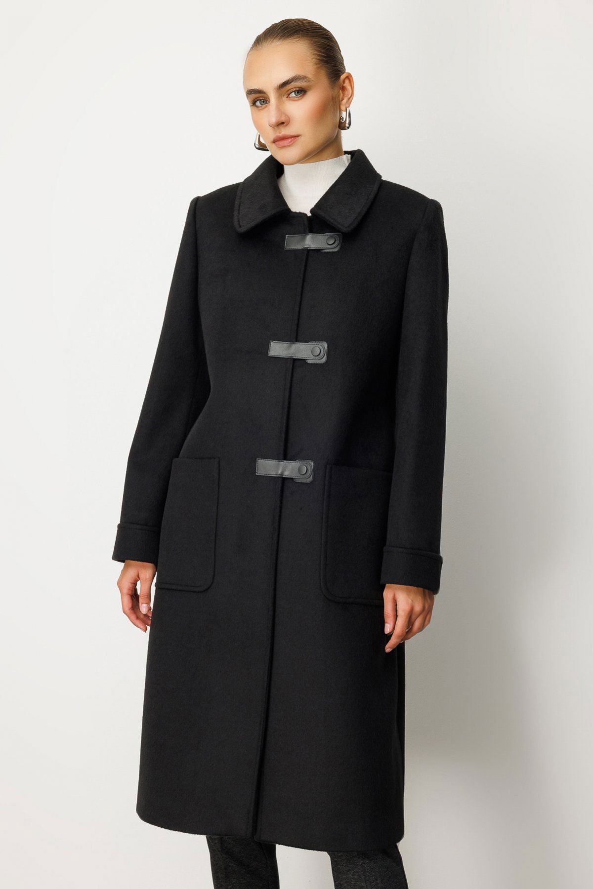 Ekol Kadın Deri Çıtçıtlı Torba Cepli Kaban 6075 Siyah - 3