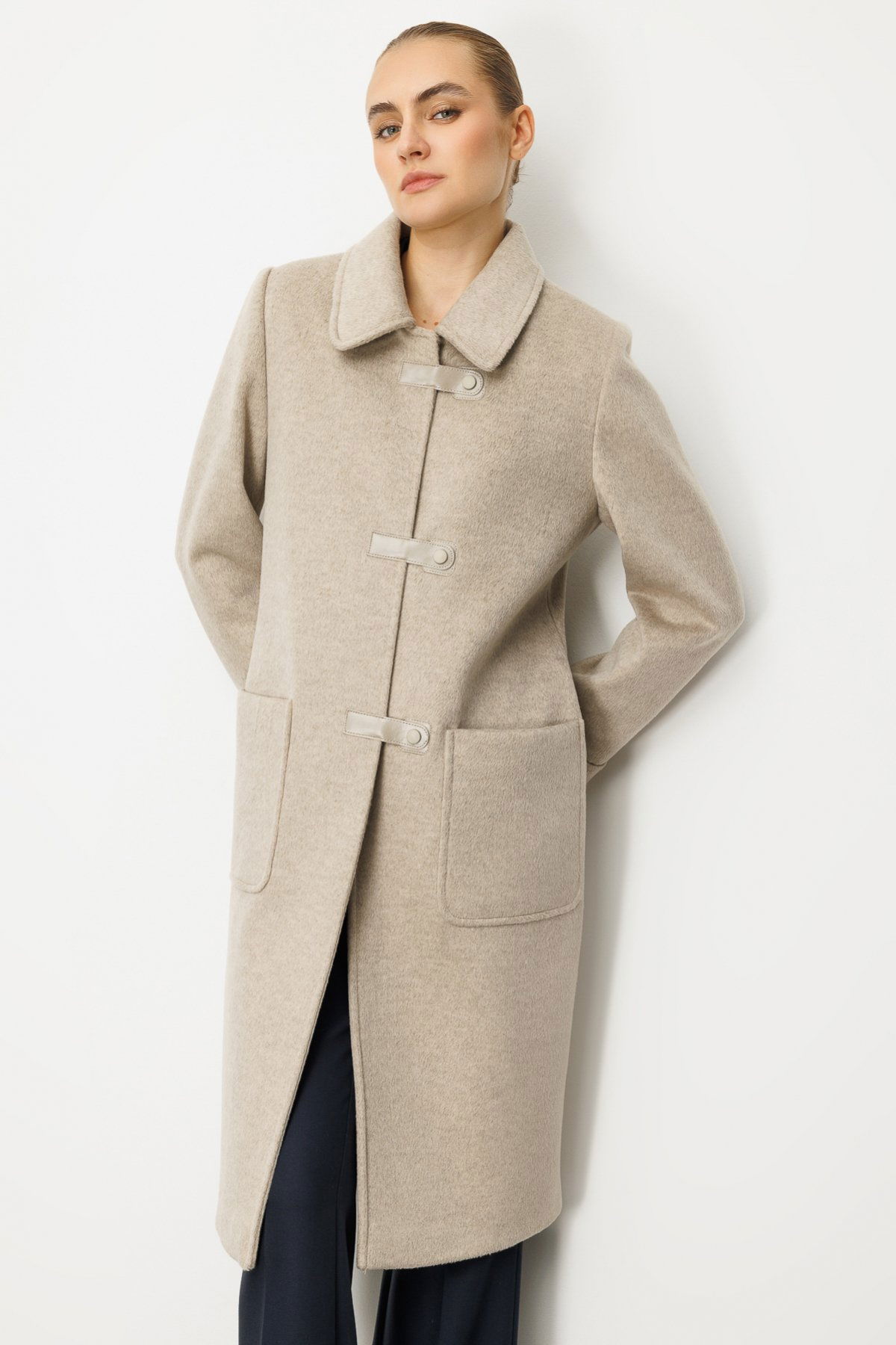 Ekol Kadın Deri Çıtçıtlı Torba Cepli Kaban 6075 Vizon - 3