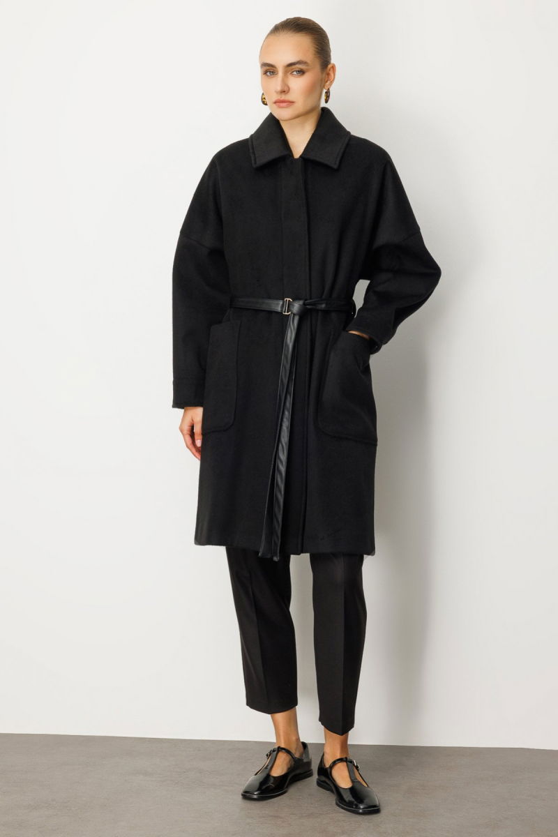 Ekol Kadın Deri Kemerli Torba Cepli Kaban 6045 Siyah - Ekol