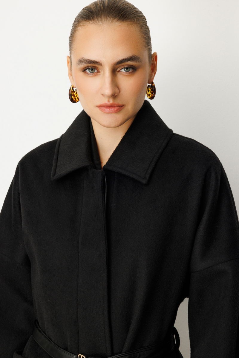 Ekol Kadın Deri Kemerli Torba Cepli Kaban 6045 Siyah - 3