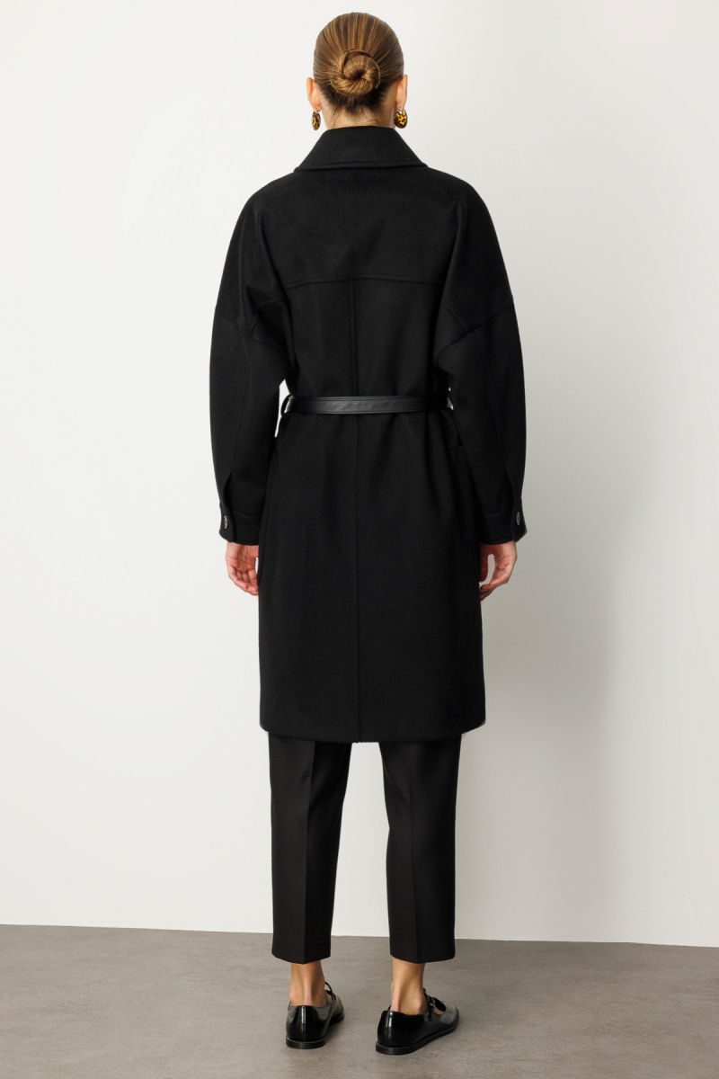 Ekol Kadın Deri Kemerli Torba Cepli Kaban 6045 Siyah - 4