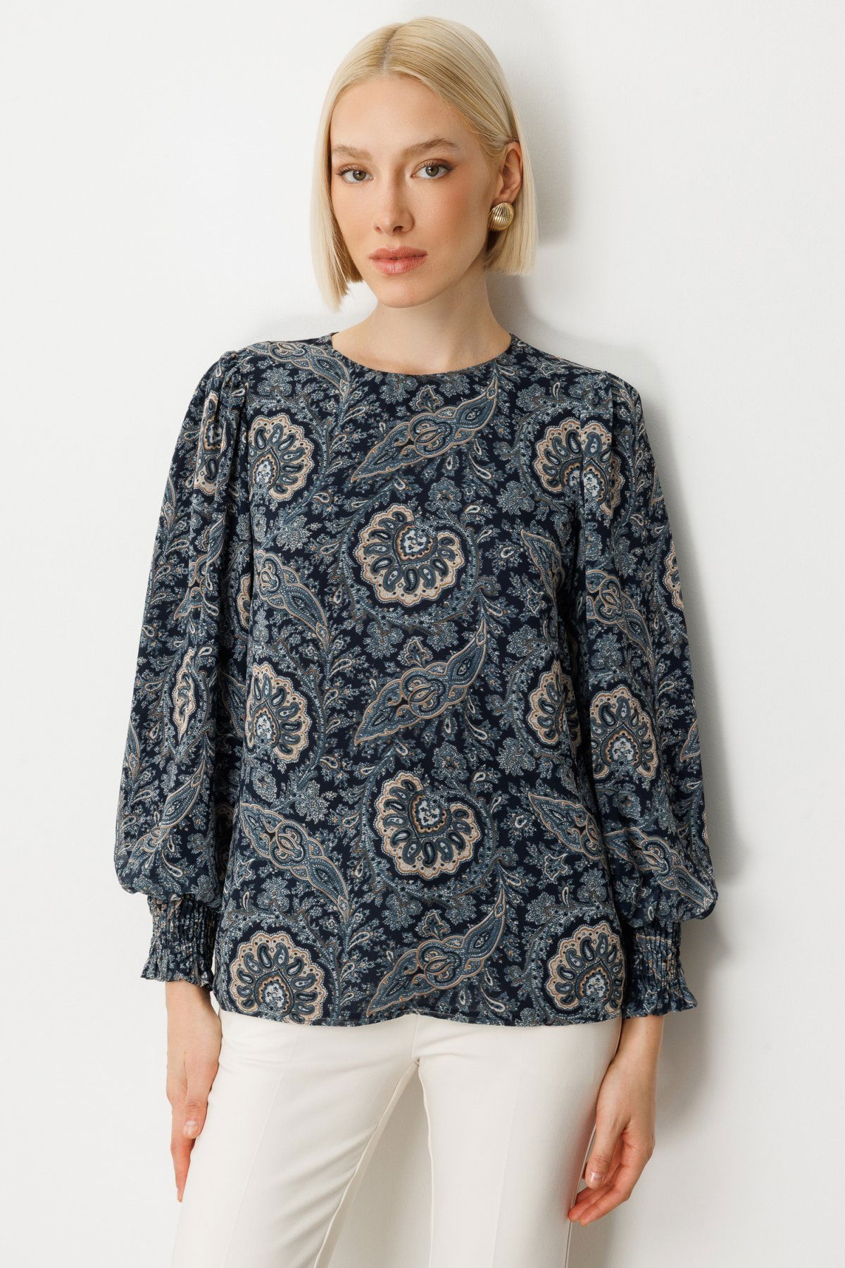 Ekol Kadın Desenli Balon Kol Bluz 3017 Lacivert - 1