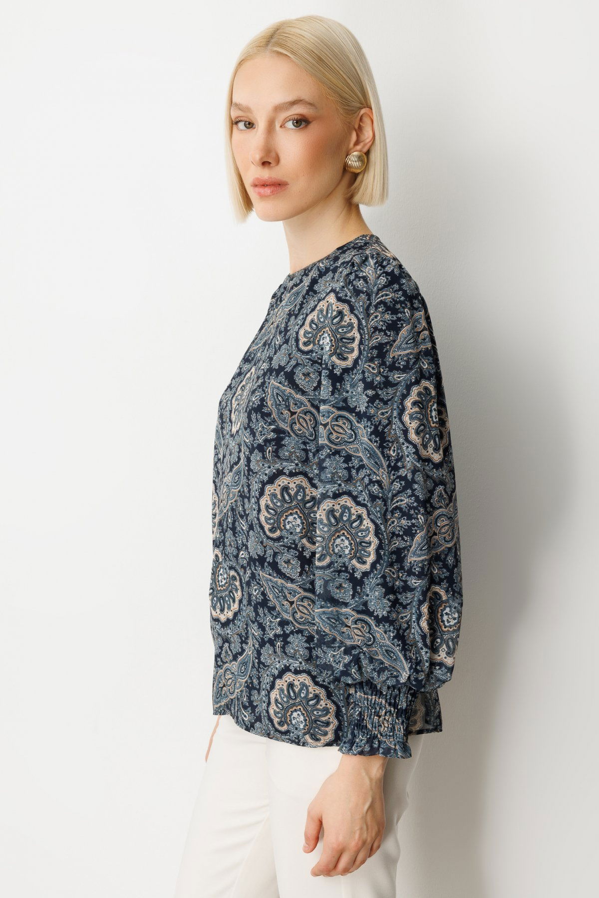 Ekol Kadın Desenli Balon Kol Bluz 3017 Lacivert - 2