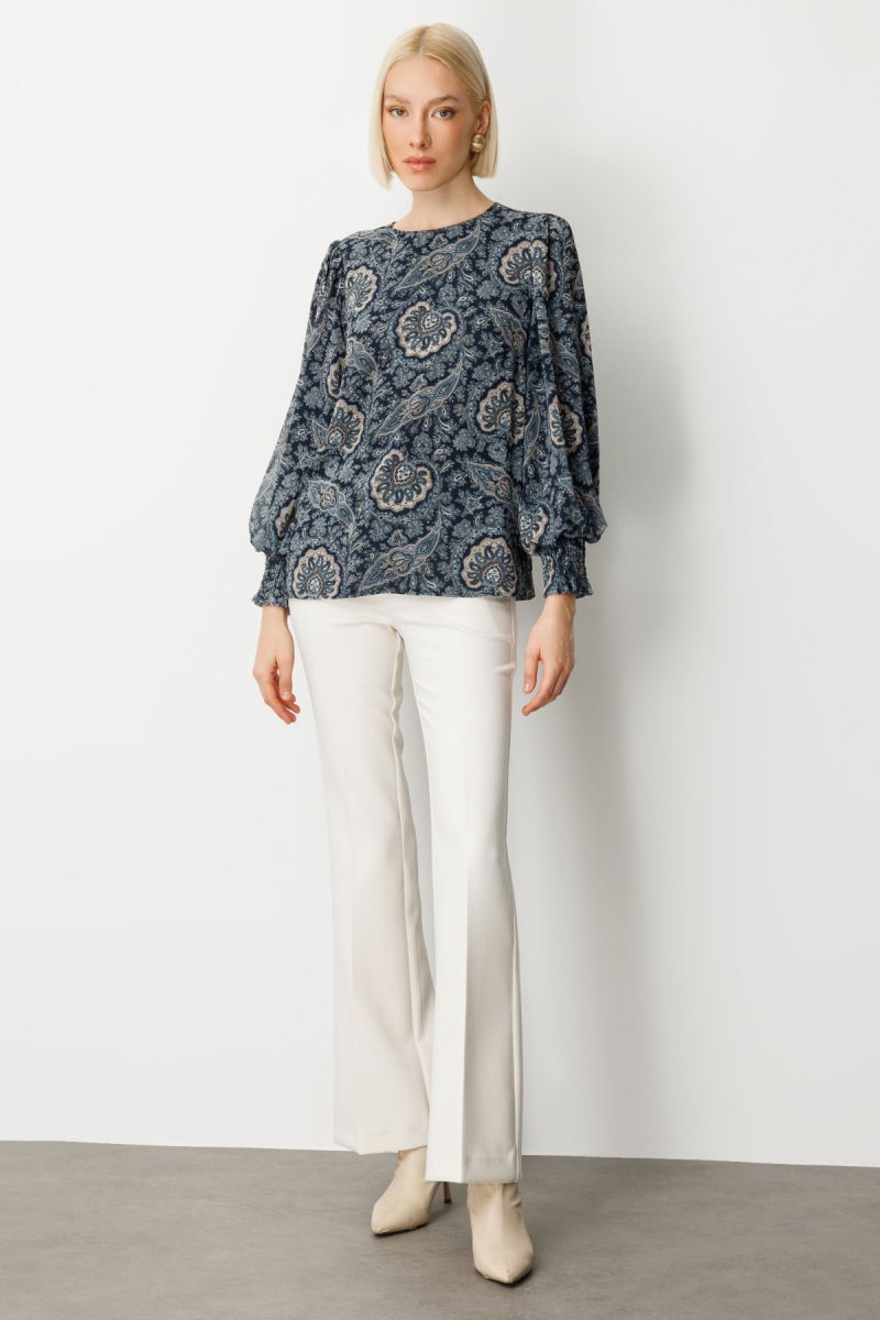 Ekol Kadın Desenli Balon Kol Bluz 3017 Lacivert - 3