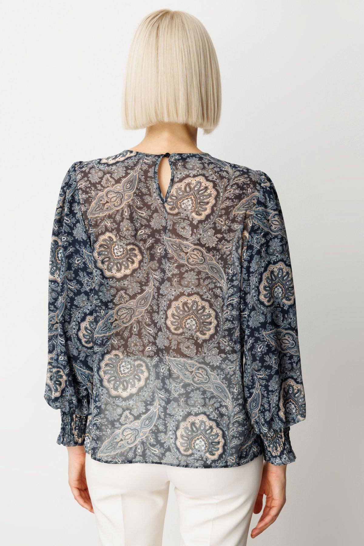 Ekol Kadın Desenli Balon Kol Bluz 3017 Lacivert - 4