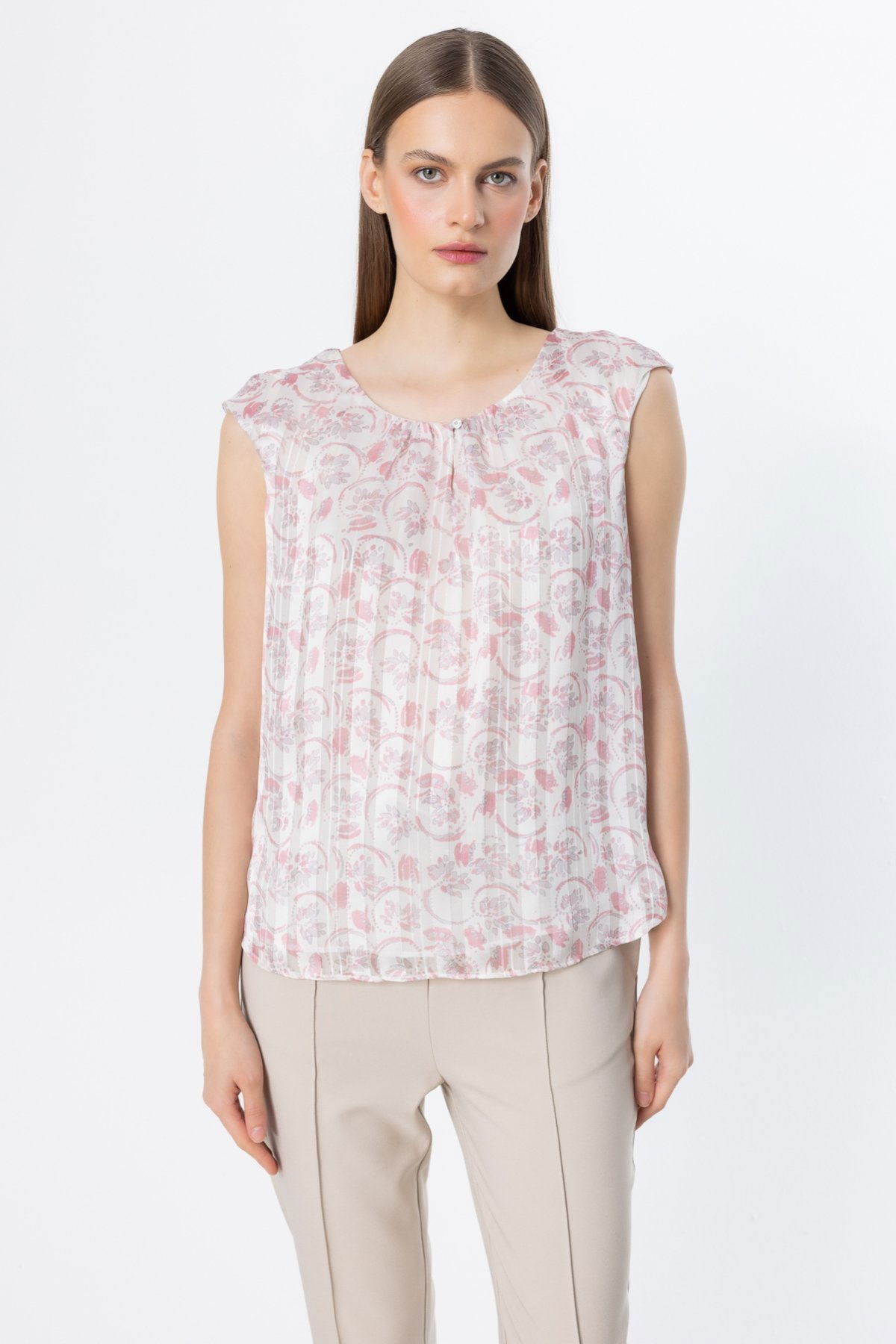 Ekol Kadın Desenli Kolsuz Bluz 3124 Pink - 1
