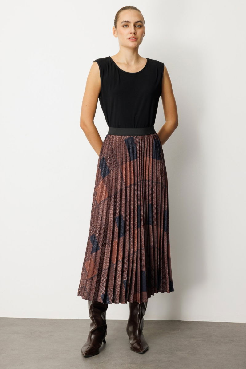 Ekol Kadın Desenli Piliseli Etek 2045 Kahverengi - 2