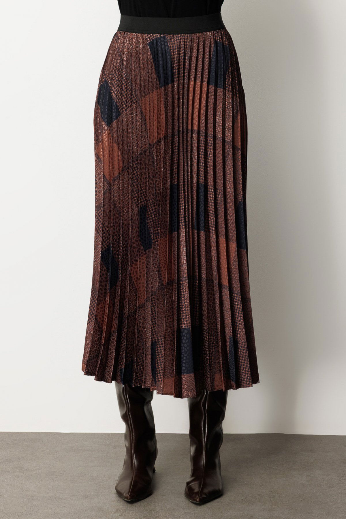 Ekol Kadın Desenli Piliseli Etek 2045 Kahverengi - 3