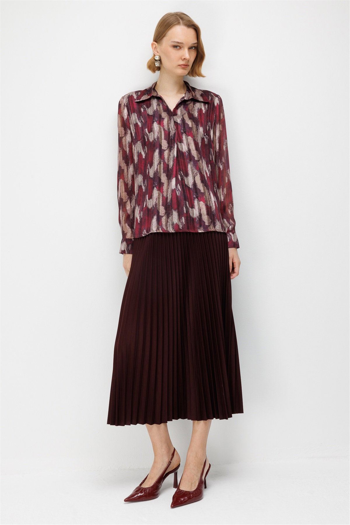 Ekol Kadın Desenli Polo Yaka Bluz Bordo - 3