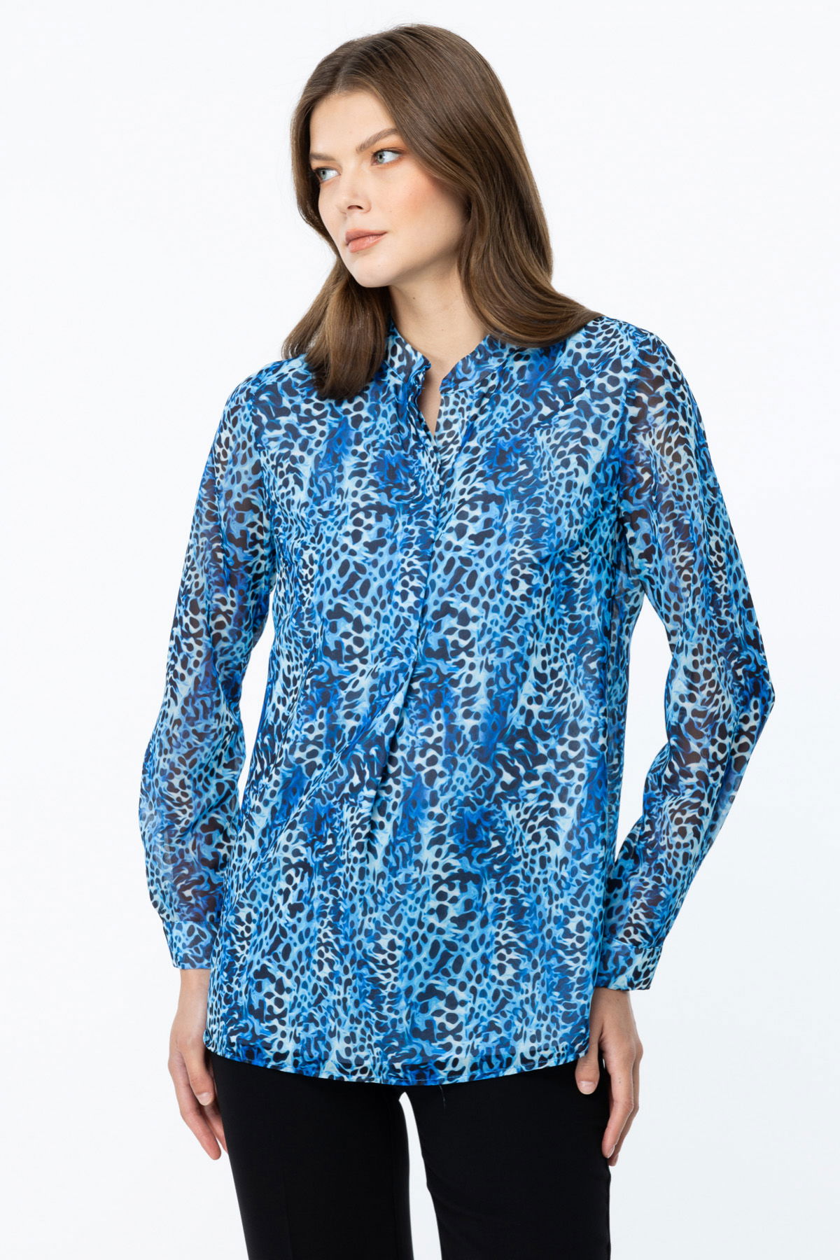 Ekol Kadın Desenli Uzun Kol Bluz 2049 Saks - 2