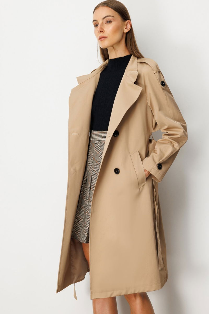 Ekol Kadın Dik Yaka Beli Kuşaklı Trençkot 7003 Camel - 1