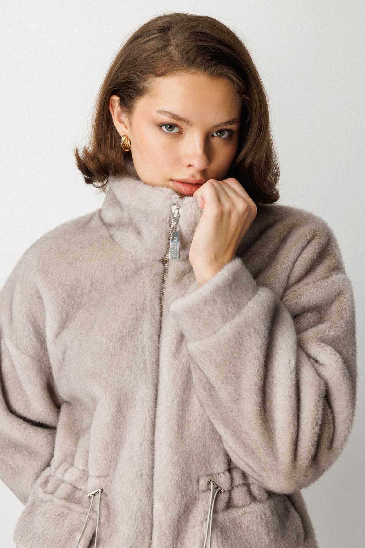 Ekol Kadın Dik Yaka Peluş Mont 6103 Gümüş - 3