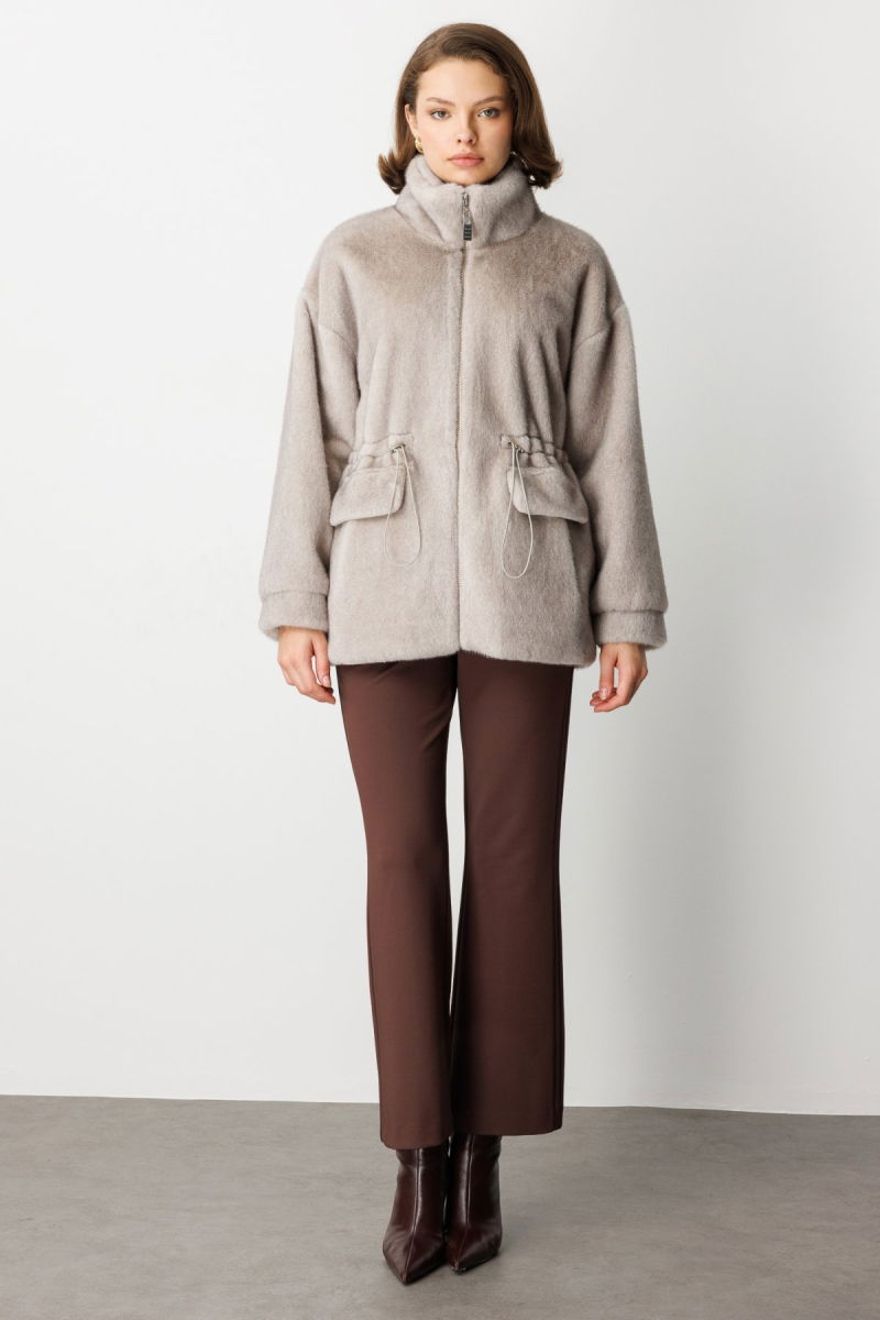 Ekol Kadın Dik Yaka Peluş Mont 6103 Gümüş - 4