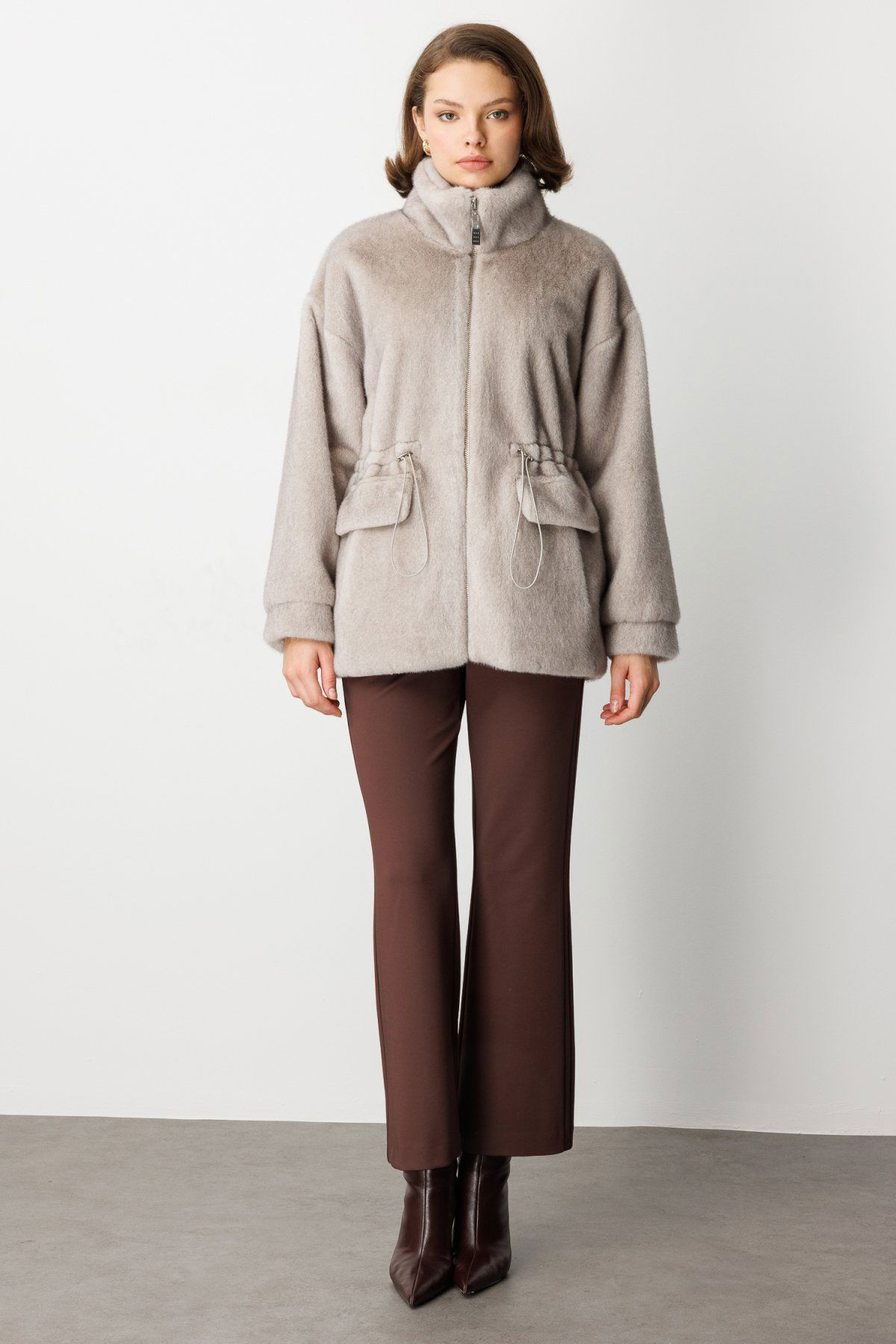 Ekol Kadın Dik Yaka Peluş Mont 6103 Gümüş - 4