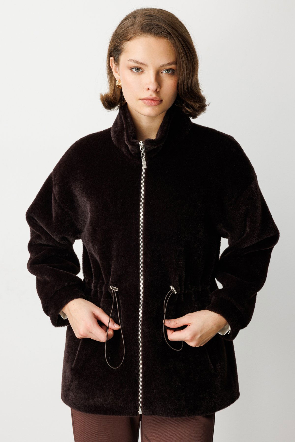 Ekol Kadın Dik Yaka Peluş Mont 6103 Kahverengi - 1