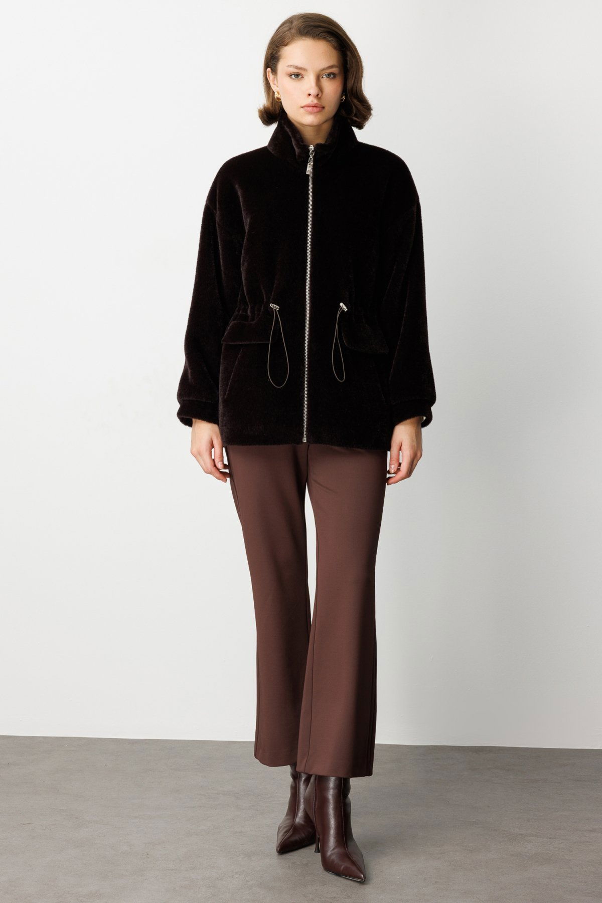 Ekol Kadın Dik Yaka Peluş Mont 6103 Kahverengi - 3