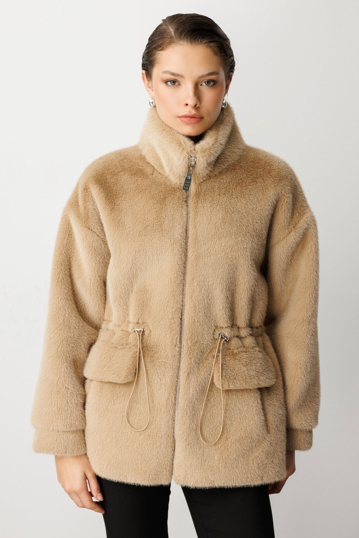 Ekol Kadın Dik Yaka Peluş Mont 6103 Vizon - 1