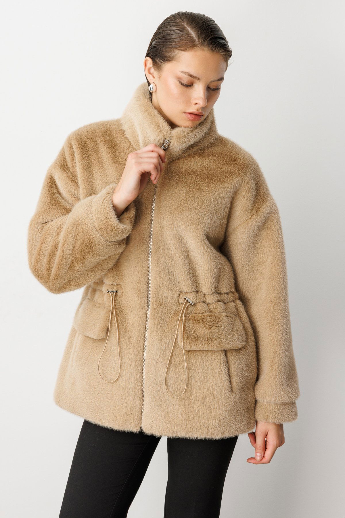 Ekol Kadın Dik Yaka Peluş Mont 6103 Vizon - 2