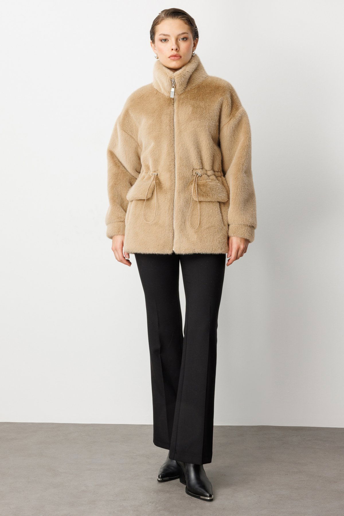 Ekol Kadın Dik Yaka Peluş Mont 6103 Vizon - 3