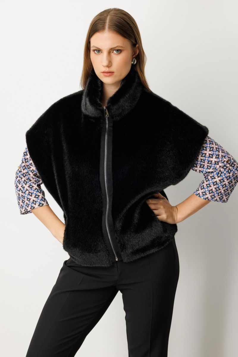 Ekol Kadın Dik Yaka Peluş Yelek 8585 Siyah - Ekol