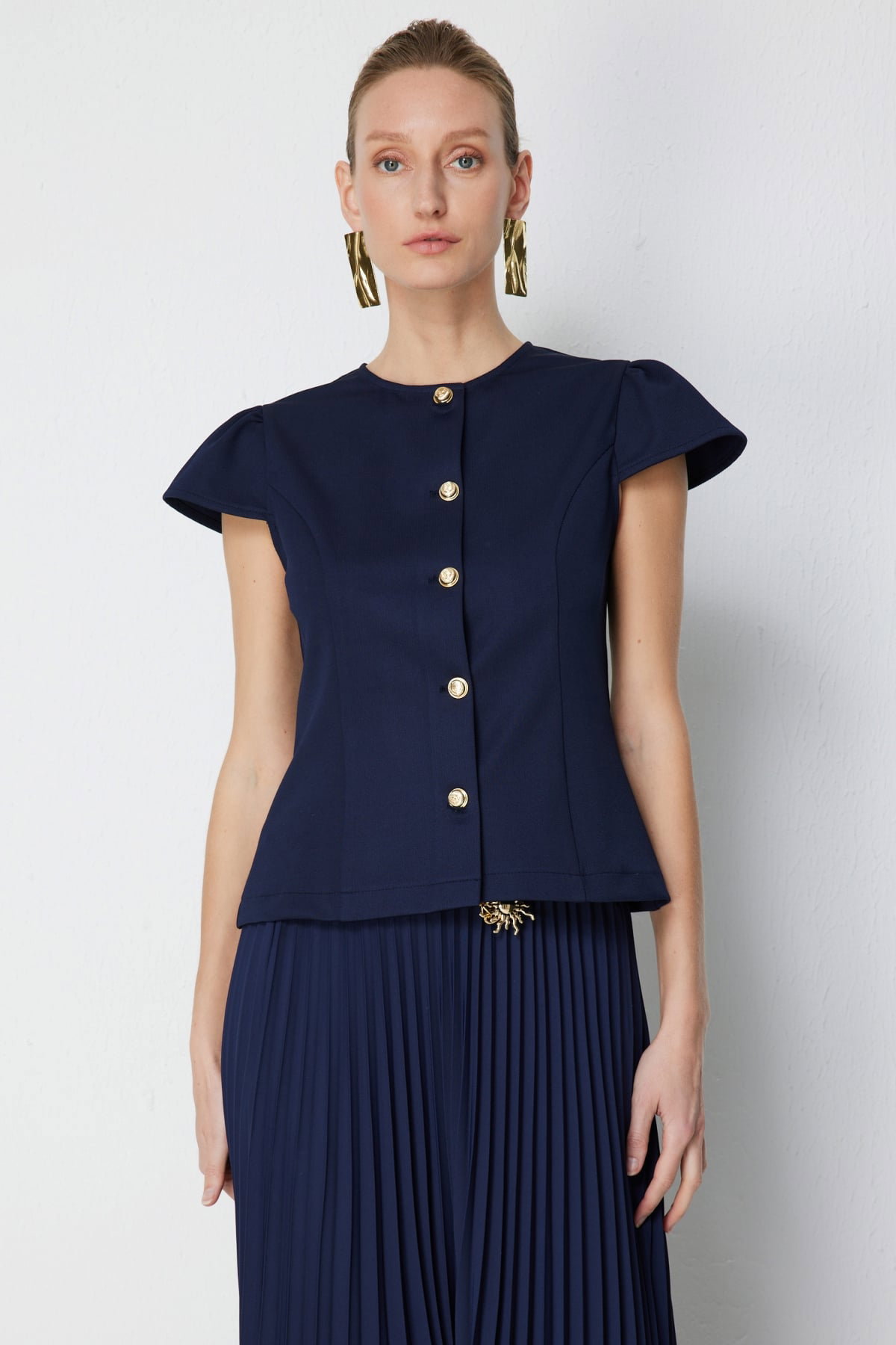 Ekol Kadın Dikiş Detaylı Kısa Kollu Ceket 1060 Lacivert - 1