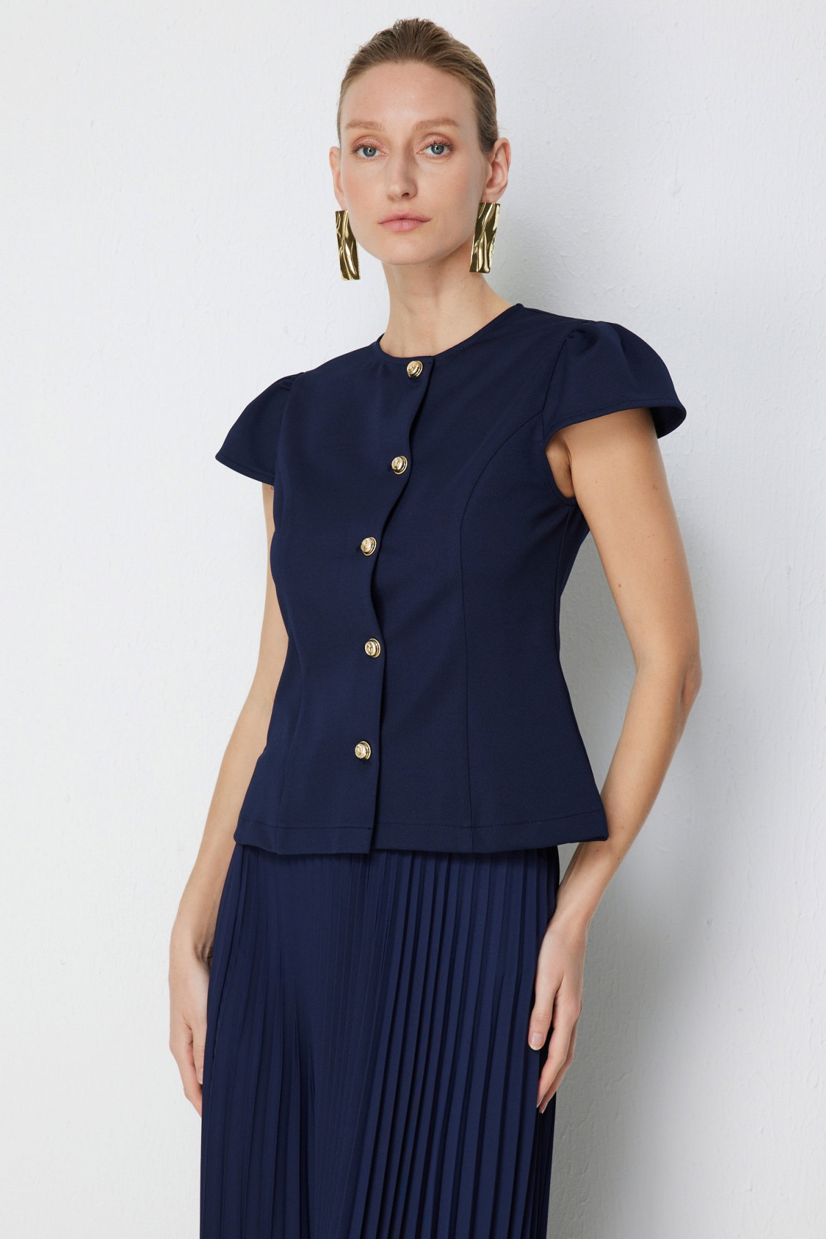 Ekol Kadın Dikiş Detaylı Kısa Kollu Ceket 1060 Lacivert - 2