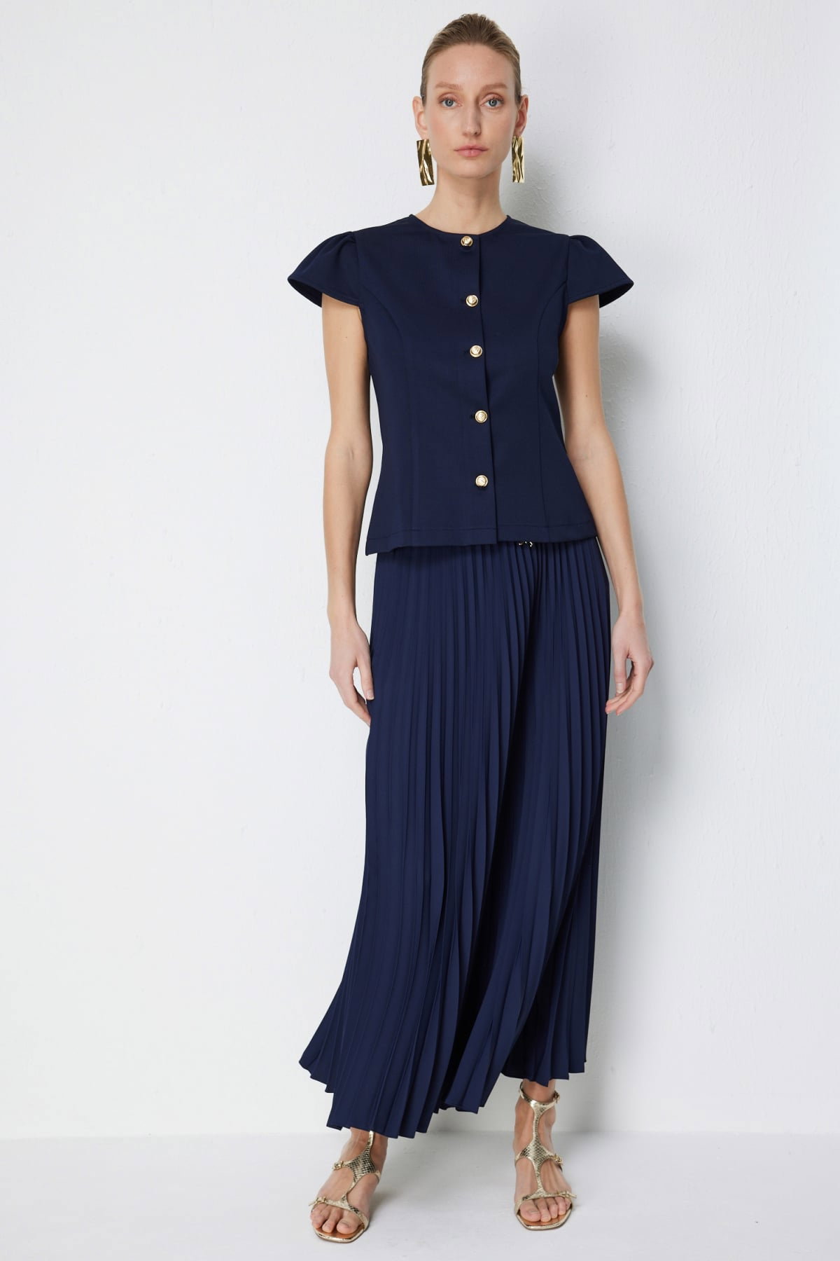 Ekol Kadın Dikiş Detaylı Kısa Kollu Ceket 1060 Lacivert - 3