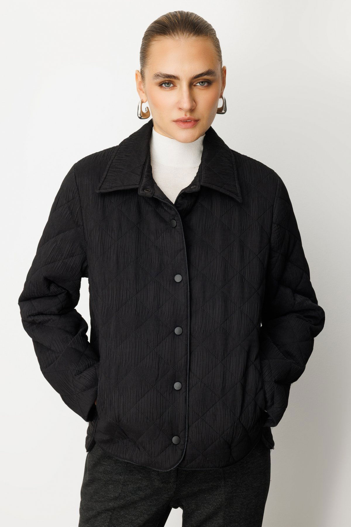 Ekol Kadın Dokulu Çıtçıtlı Mont 6501 Siyah - 1