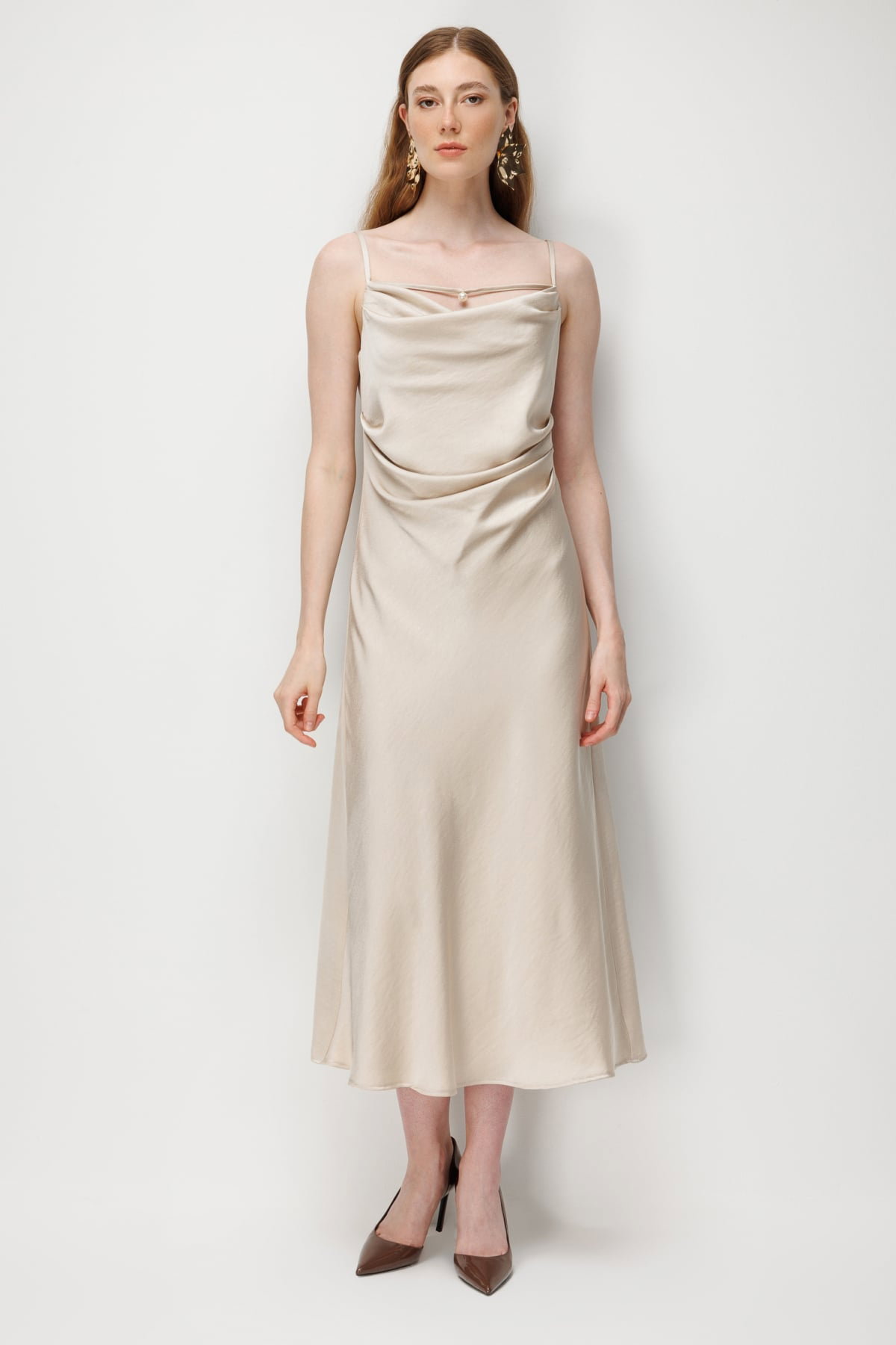 Ekol Kadın Drape Detaylı Askılı Maxi Elbise 6148 Gold - 1