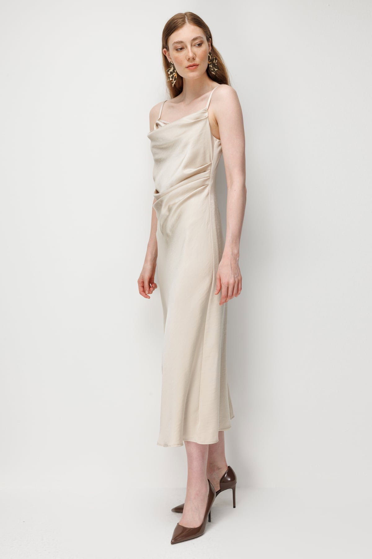 Ekol Kadın Drape Detaylı Askılı Maxi Elbise 6148 Gold - 2