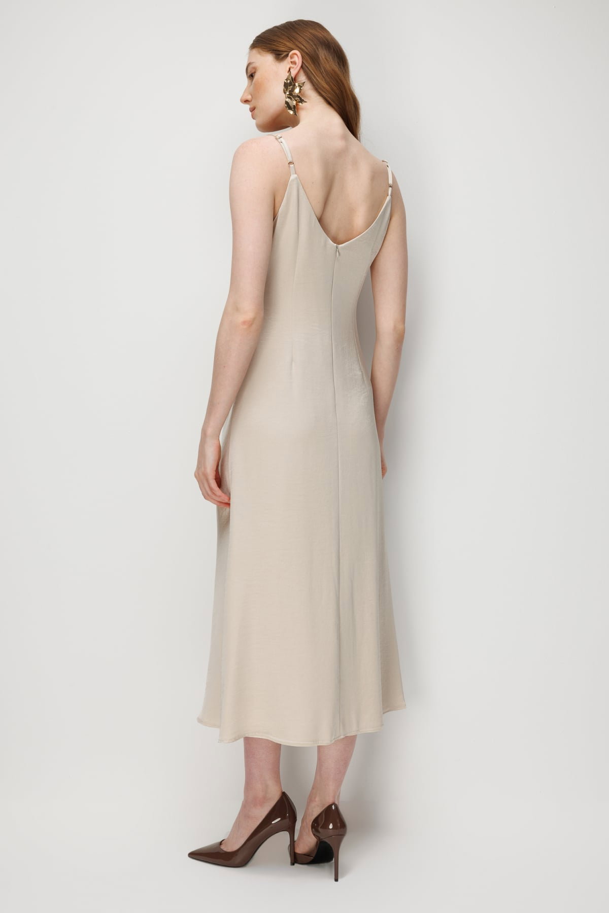 Ekol Kadın Drape Detaylı Askılı Maxi Elbise 6148 Gold - 4