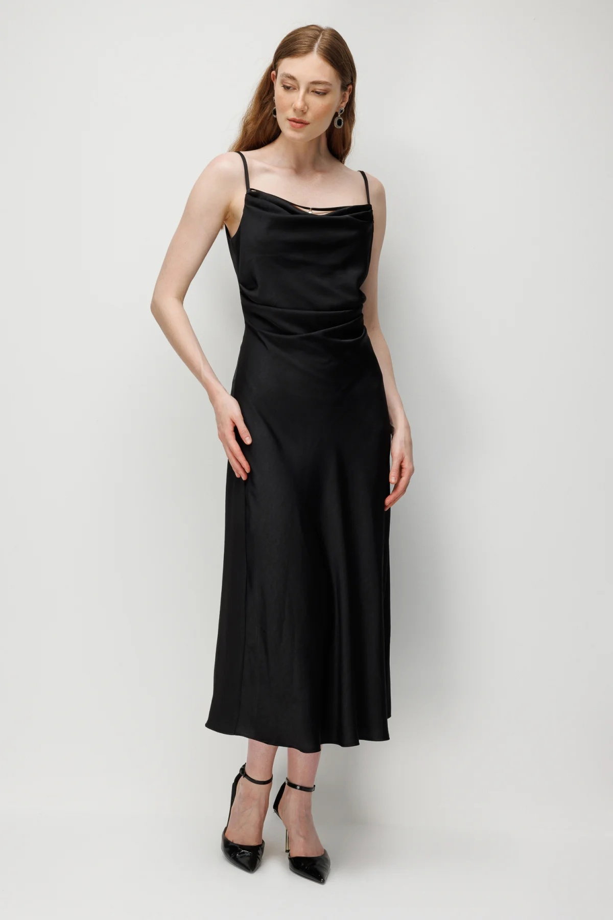 Ekol Kadın Drape Detaylı Askılı Maxi Elbise 6148 Siyah - 2
