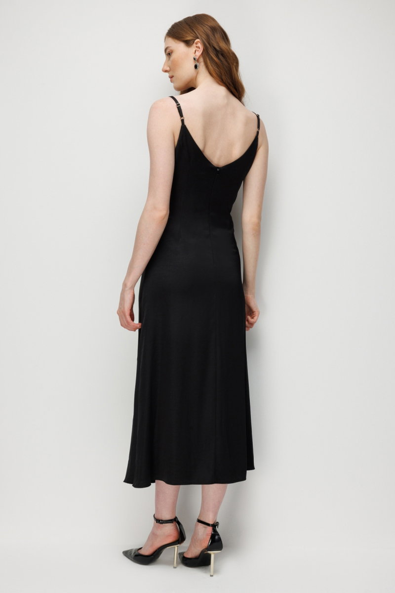 Ekol Kadın Drape Detaylı Askılı Maxi Elbise 6148 Siyah - 4