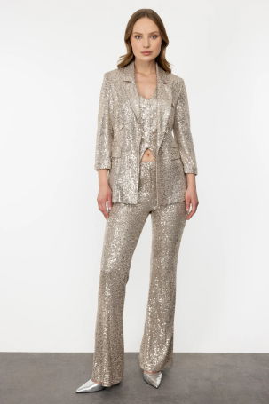 Ekol Kadın Duble Kol Payet İşlemeli Blazer Ceket 5104 Bej - 3