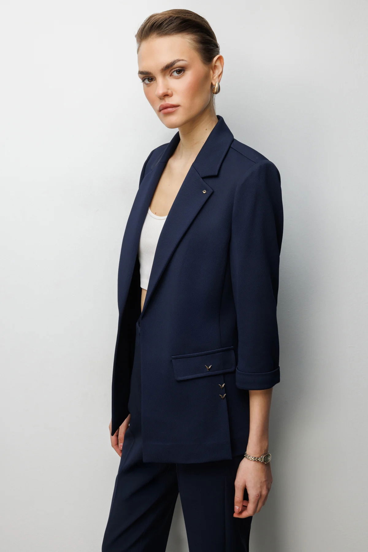 Ekol Kadın Duble Kol Yanları Yırtmaçlı Ceket 1064 Lacivert - 2