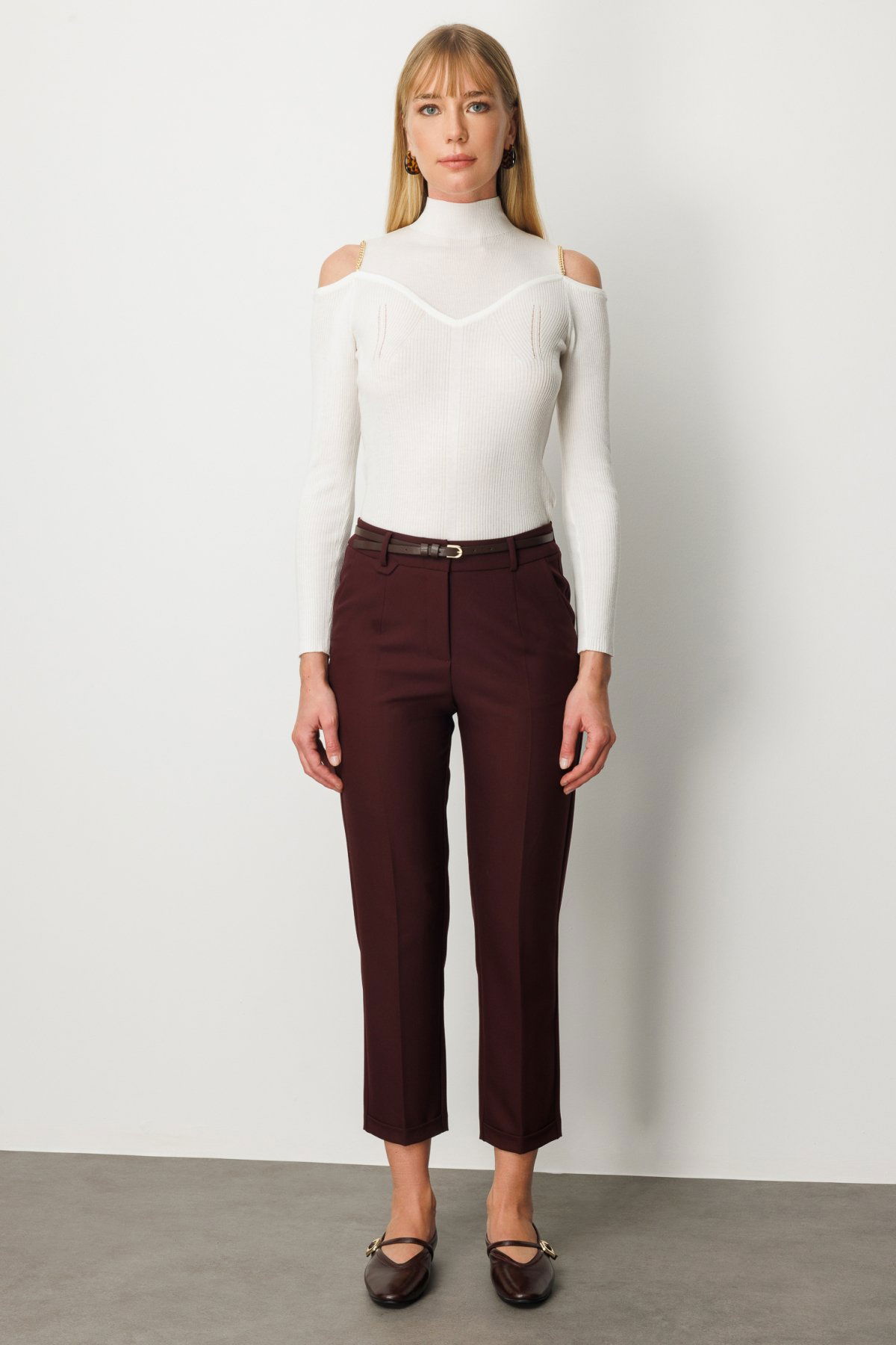 Ekol Kadın Duble Paça Kemerli Pantolon 1003 Bordo - 1