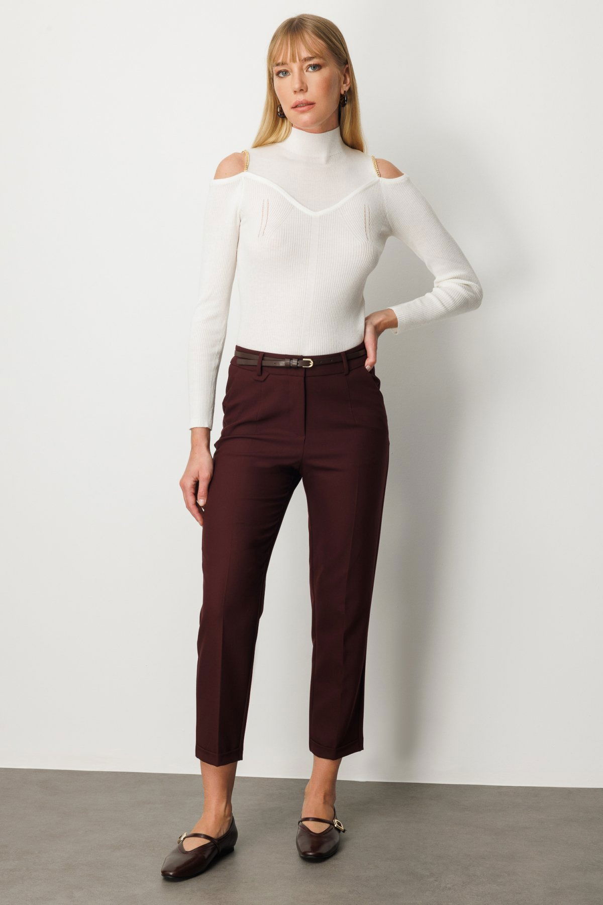 Ekol Kadın Duble Paça Kemerli Pantolon 1003 Bordo - 2