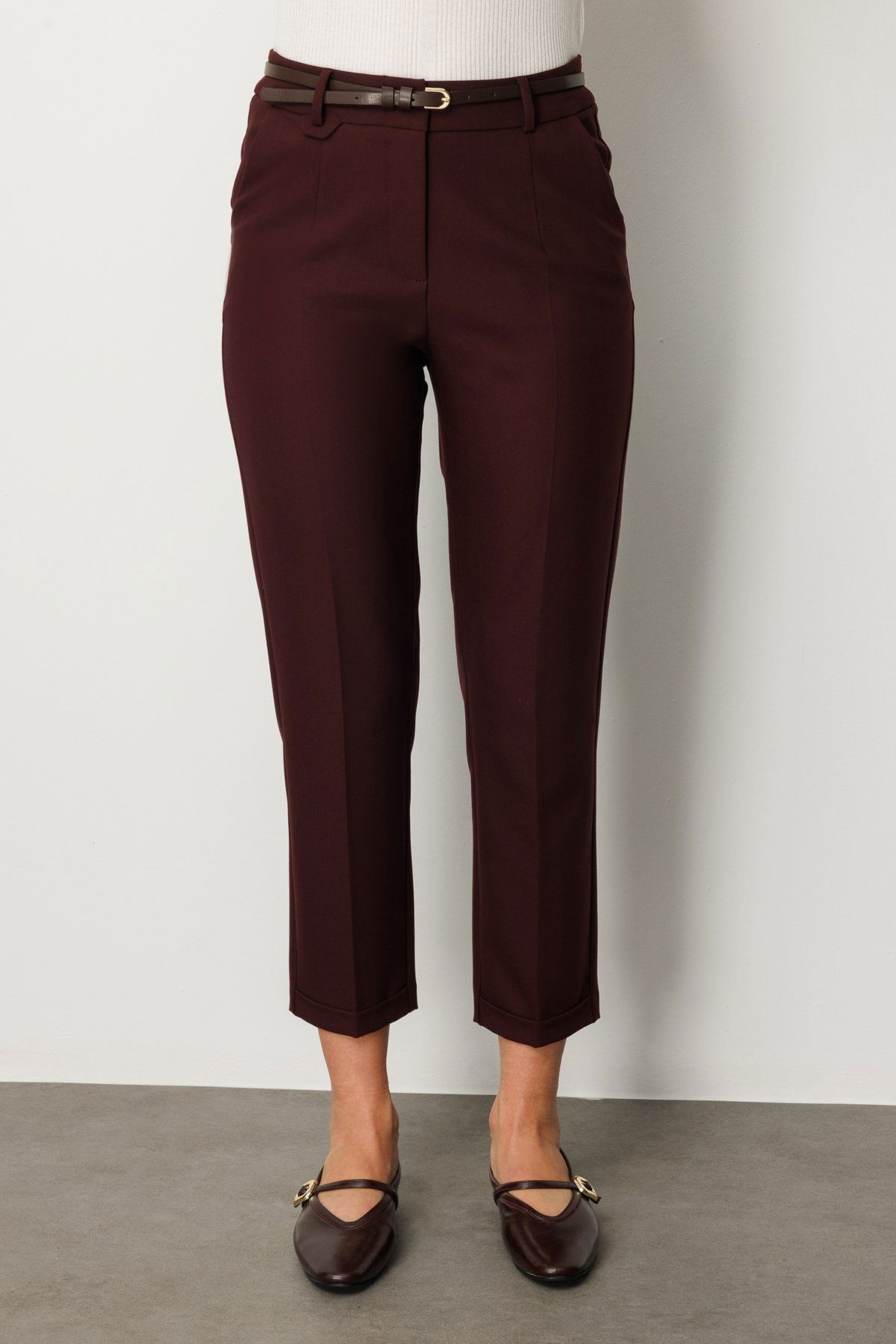 Ekol Kadın Duble Paça Kemerli Pantolon 1003 Bordo - 3
