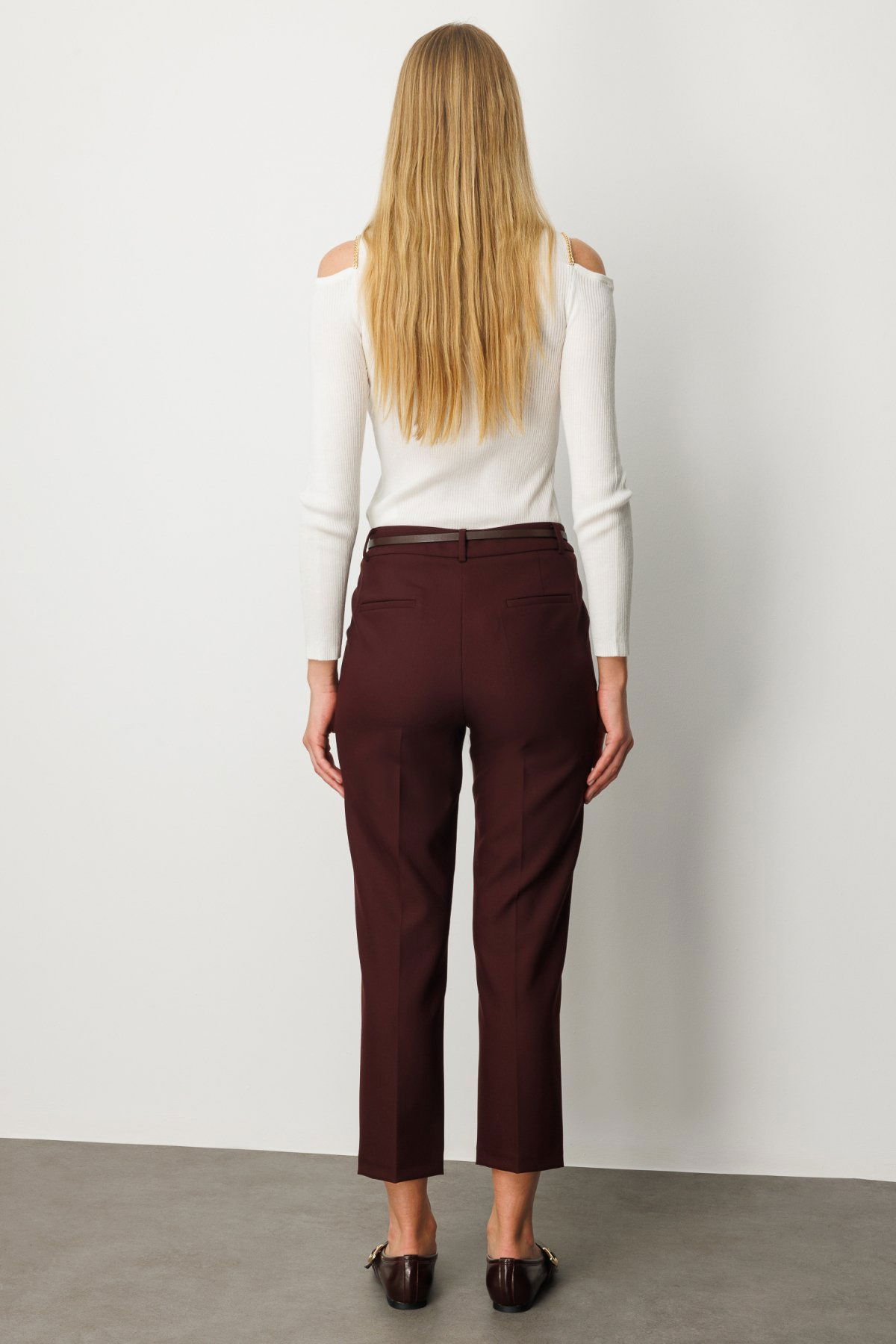 Ekol Kadın Duble Paça Kemerli Pantolon 1003 Bordo - 4