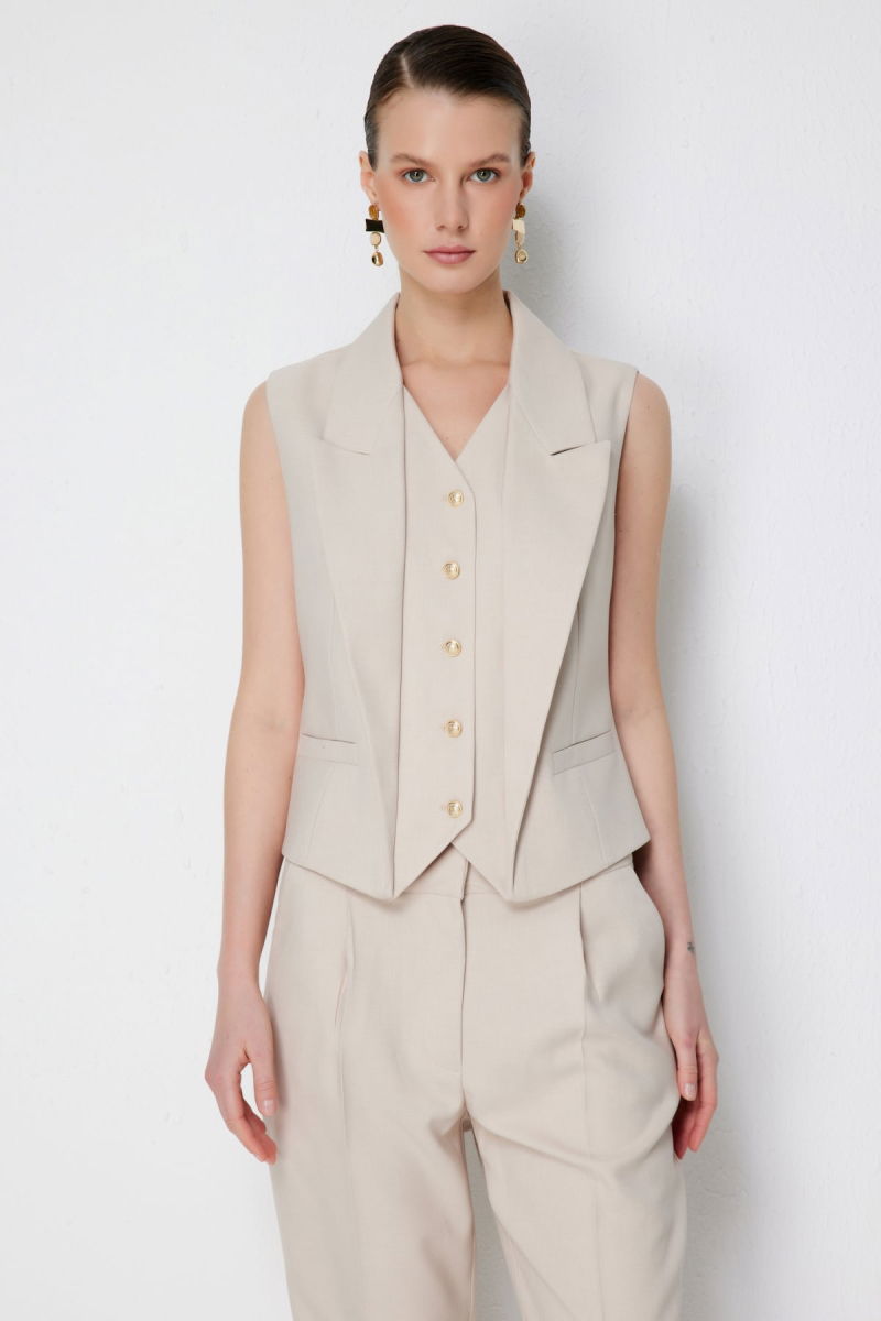 Ekol Kadın Düğmeli V Yaka Yelek 1188 Kum - Ekol