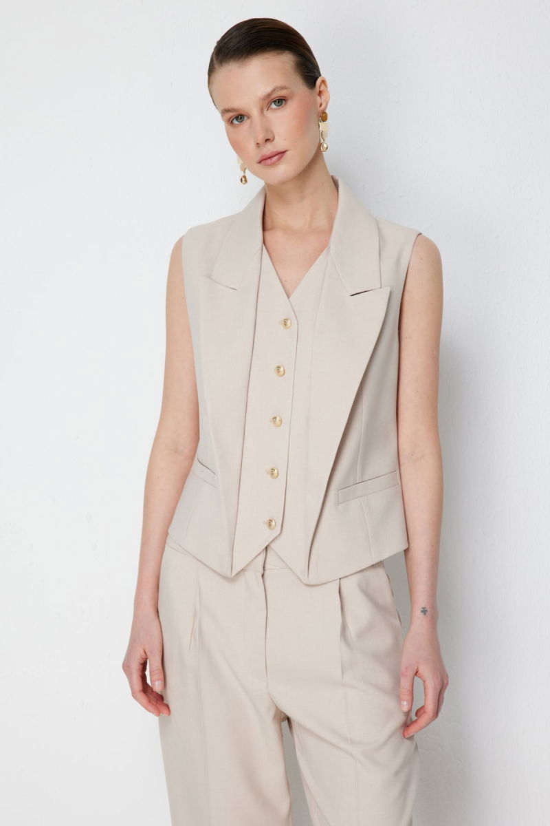 Ekol Kadın Düğmeli V Yaka Yelek 1188 Kum - 2