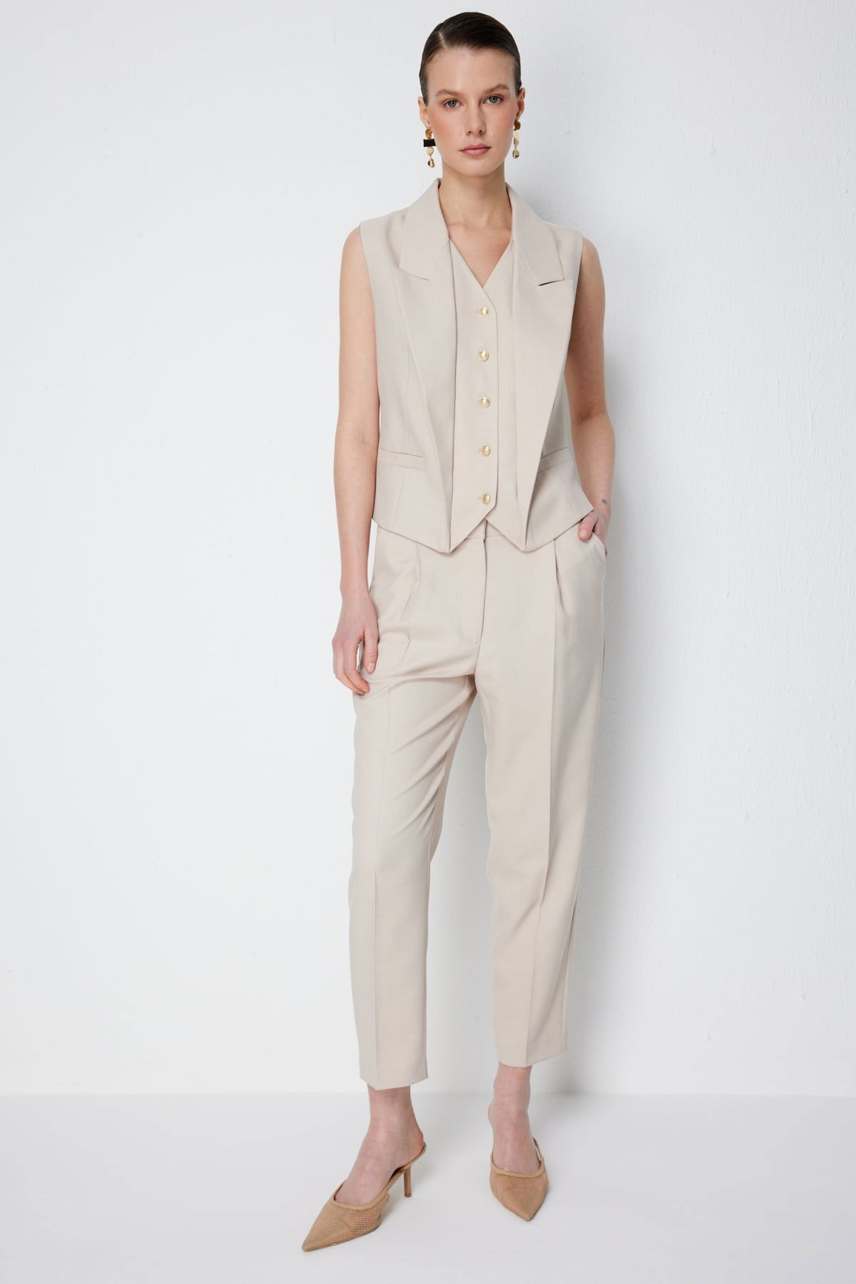 Ekol Kadın Düğmeli V Yaka Yelek 1188 Kum - 3