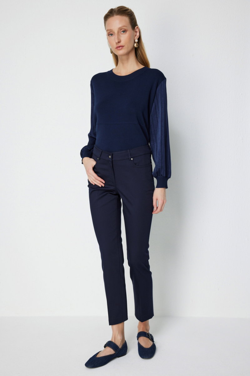 Ekol Kadın Düşük Belli Dar Paça Pamuklu Pantolon 4014 Lacivert - Ekol