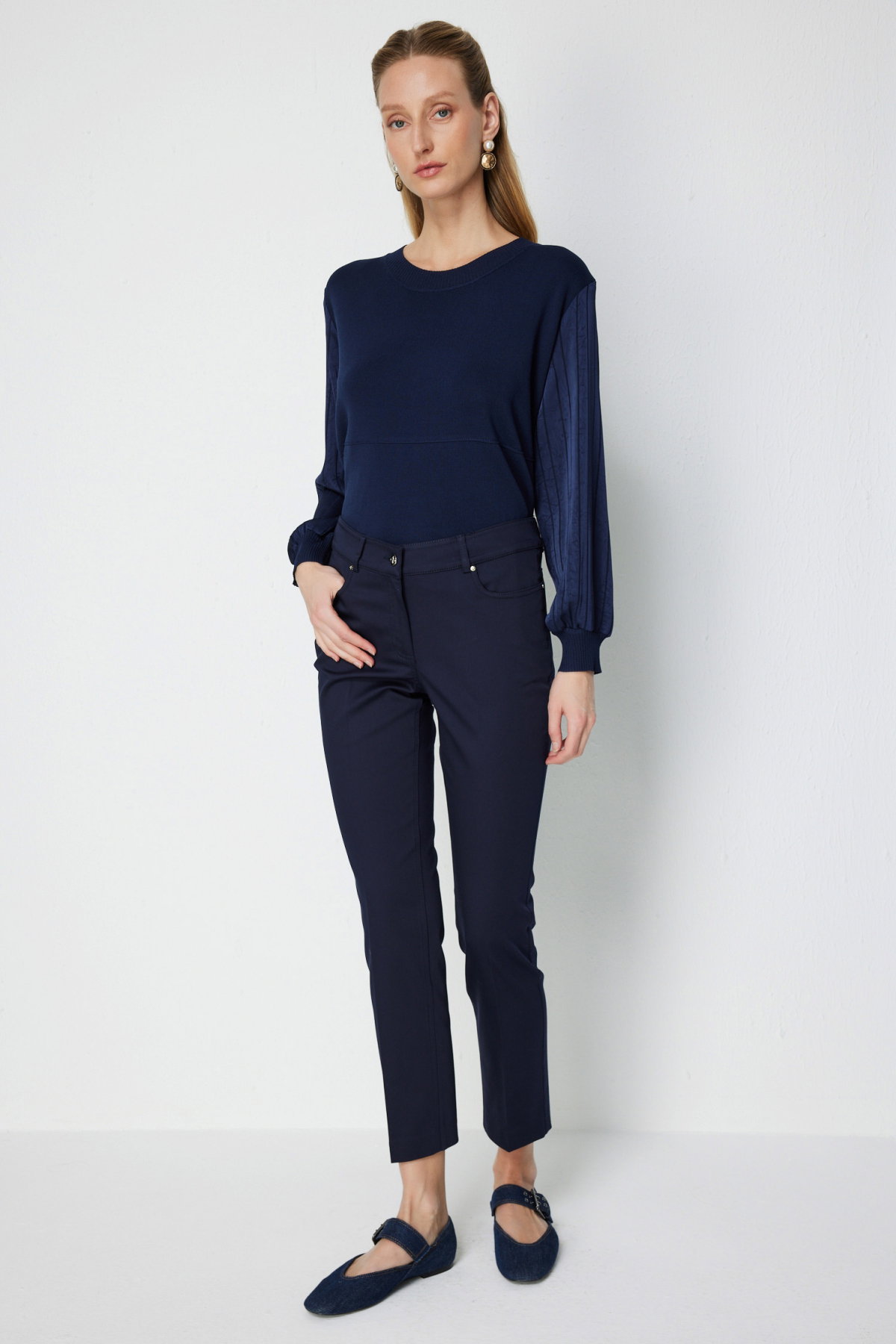 Ekol Kadın Düşük Belli Dar Paça Pamuklu Pantolon 4014 Lacivert - 1