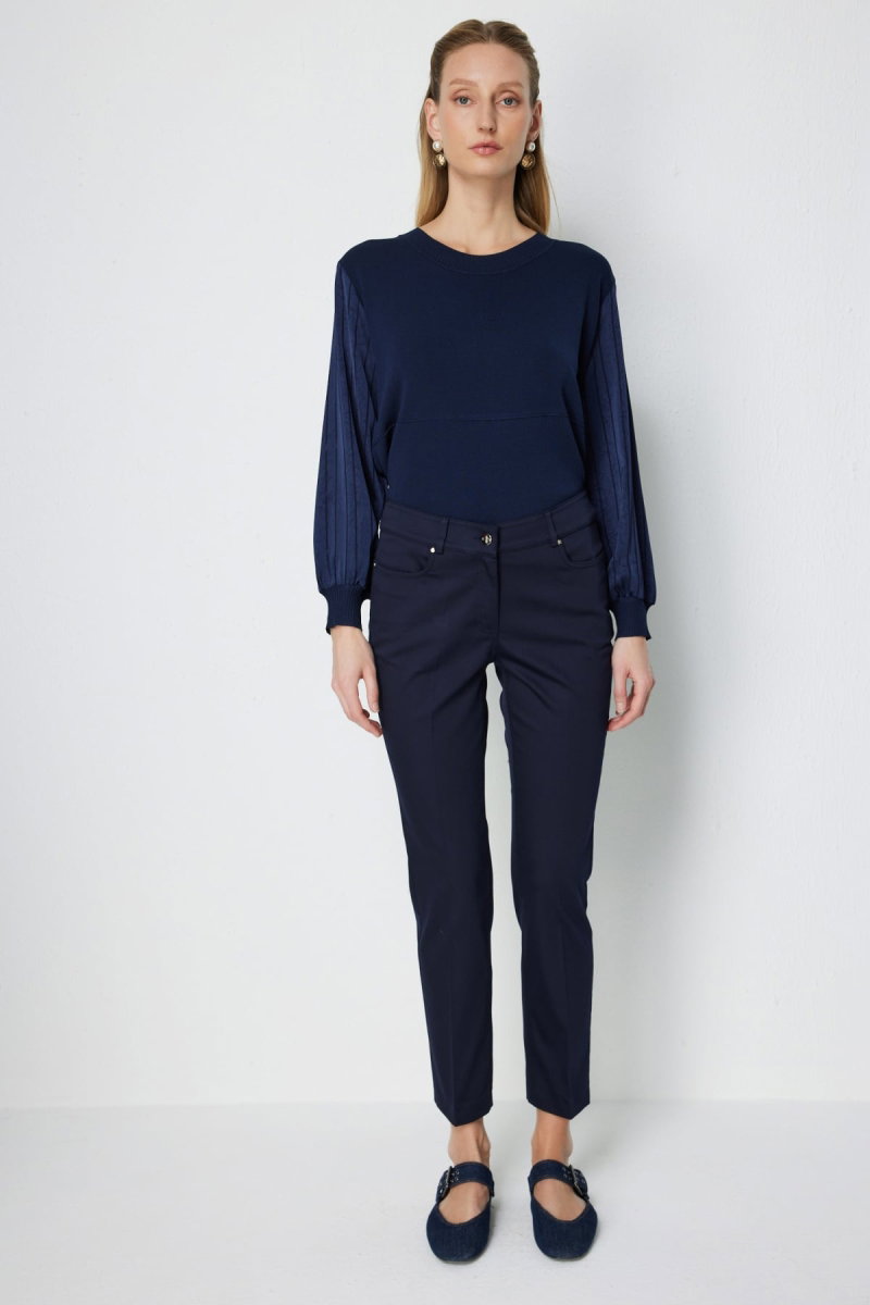 Ekol Kadın Düşük Belli Dar Paça Pamuklu Pantolon 4014 Lacivert - 2