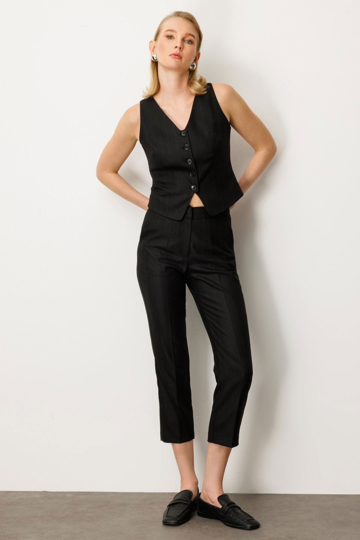 Ekol Kadın Düz Kesim Çizgili Pantolon 5125 Siyah - 1