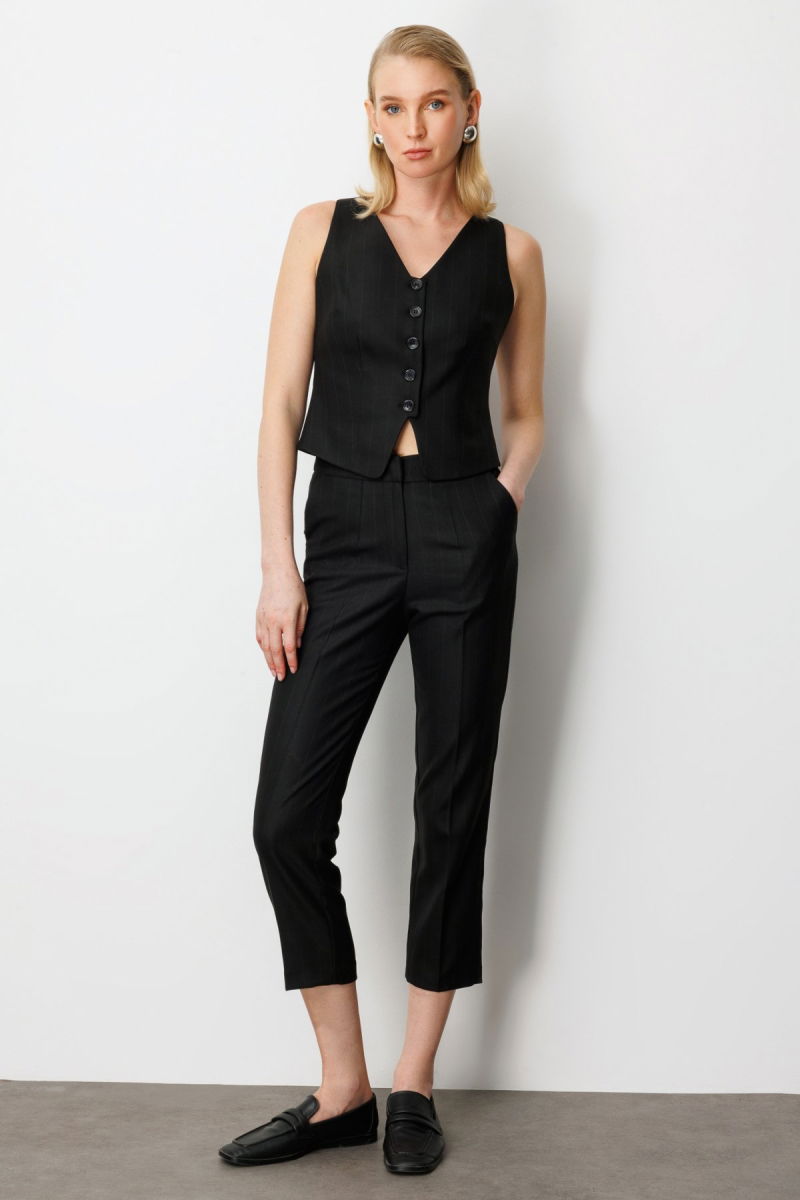 Ekol Kadın Düz Kesim Çizgili Pantolon 5125 Siyah - 2